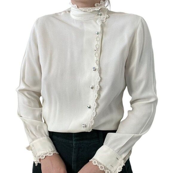 Vintage Ellen Tracy White Romantic Dark Academia Floral Button Blouse Sz S - Picture 11 of 11